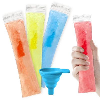 Huakaile 200 Pieces 2.2" x 11" Ice Pop Bags with Zip Seal and Funnel, Non-Reusable Yogurt Freezer Tubes, Clear Freezer Pop Bags for Ice Lolly Juice Fruit Smoothies Cocktail DIY Snacks (400)