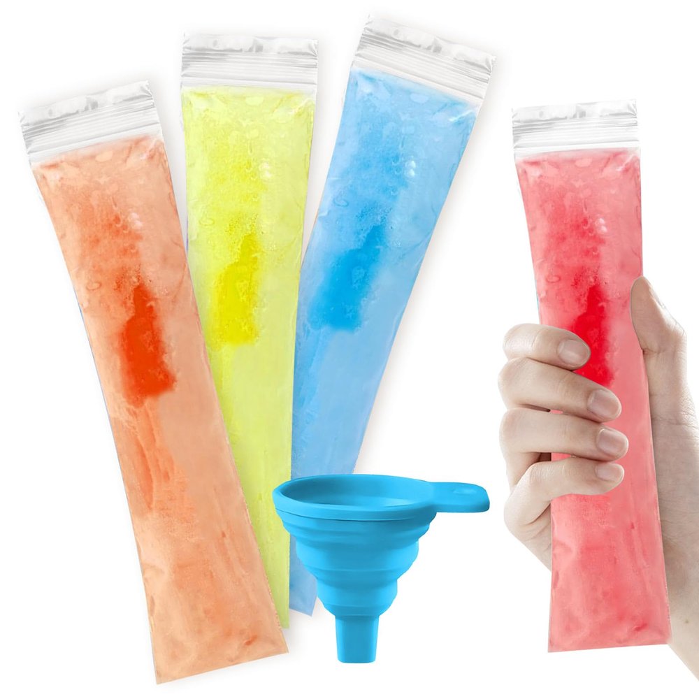 Huakaile 200 Pieces 2.2" x 11" Ice Pop Bags with Zip Seal and Funnel, Non-Reusable Yogurt Freezer Tubes, Clear Freezer Pop Bags for Ice Lolly Juice Fruit Smoothies Cocktail DIY Snacks (400)