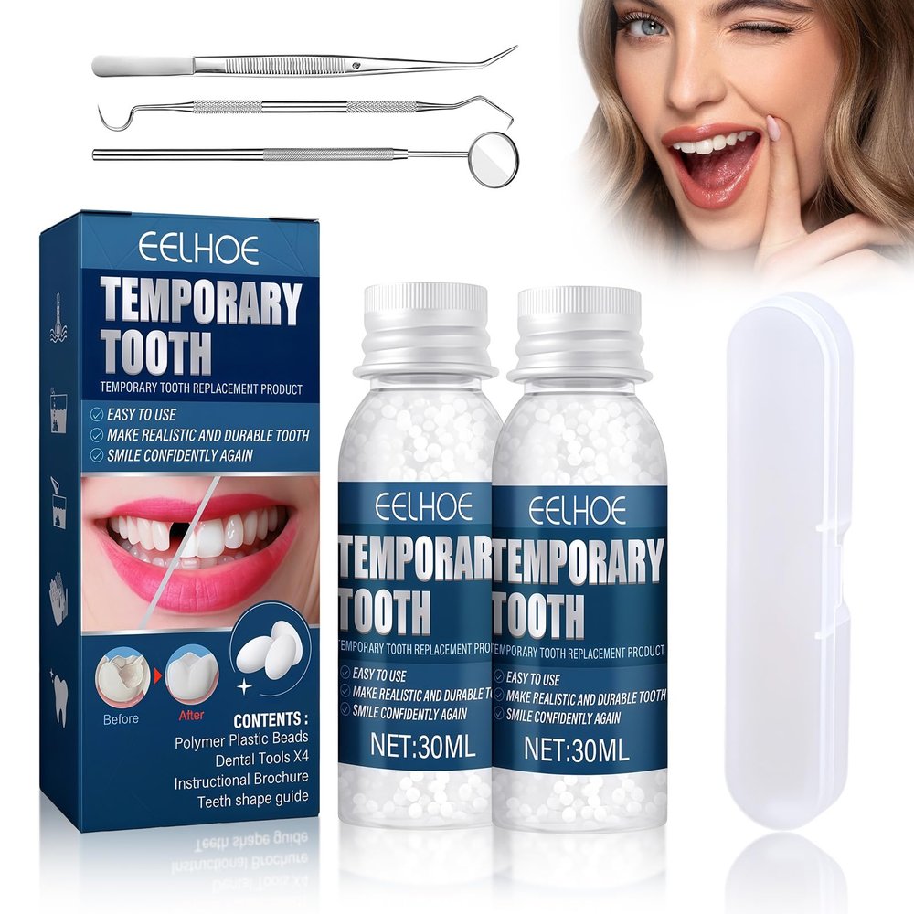 2Pcs Temporary Tooth Filling Repair Kit Moldable False Teeth Replacement with Dental Repair Beads, Easy to Fix Missing/Broken Teeth, with 3 Types of Dental Mirror Tools (2 Box)