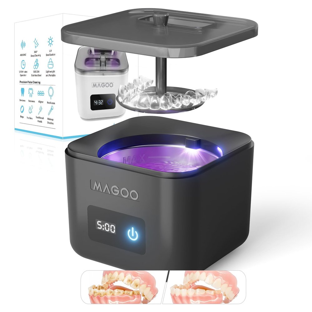 Ultrasonic Retainer Cleaner Machine, Denture Cleaner for Aligners Night Guards Braces Mouth Guards Toothbrush HeadsAll-in-One Dental & Jewelry Cleaner, 45kHz 200ML, Dual Modes