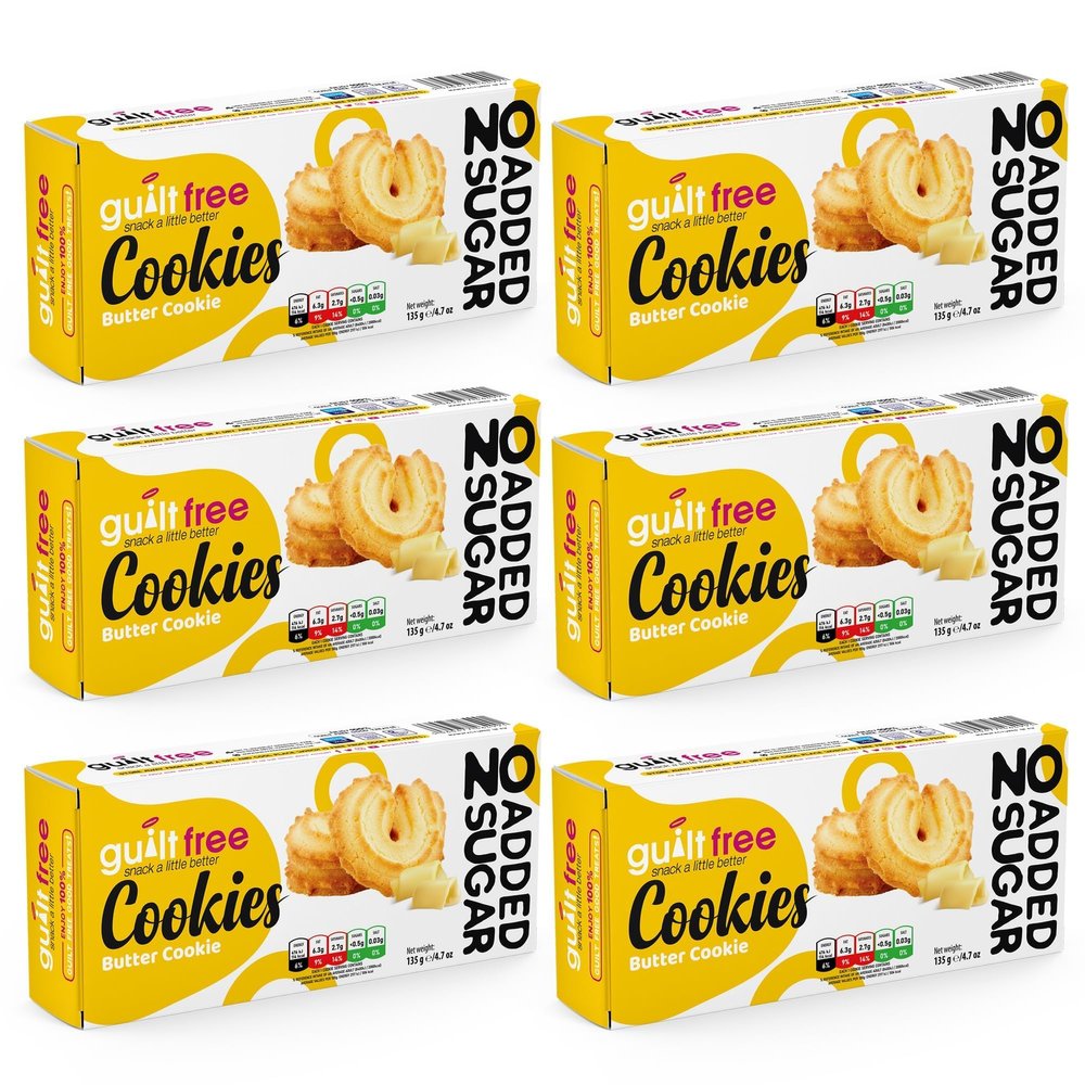 GuiltFree Sugar Free Butter Cookies 135g - Pack of 6 | Diabetic Friendly No Added Sugar Biscuits | Snack for Tea, Everyday Enjoyment & Gifts