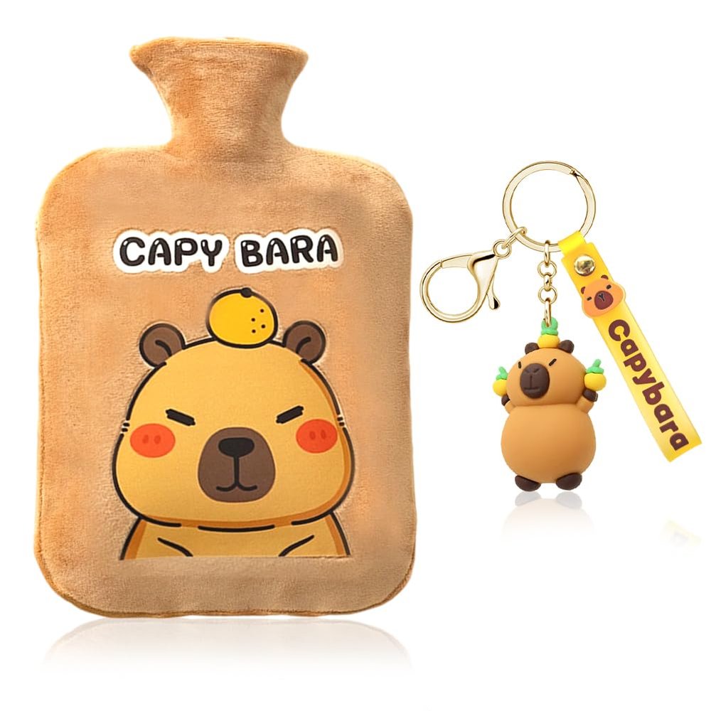 Hot Water Bottle with Plush Cover & Keychain - Capybara Gift Set 2L Hot Water Bag Safe & Leak-Proof, Complete Cozy Present for Women, Kids, Teens |Ideal Christmas Birthday Gift (C3)