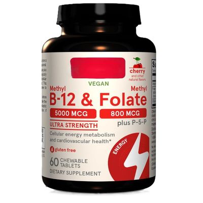 Methyll B12, 5Kmcg with Follate, Non-GMO, Gluten-Free, Cherry Flavoured, Vegan 60 Chewable Tablets