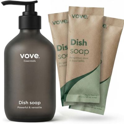 Vove Washing Up Liquid Starter Set with Refillable Glass Pump Bottle & 3 Refills, Bergamot Mint & Basil, Powder-to-Gel, Plant-based Concentrated Formula, Plastic-free Packaging