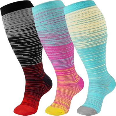 Compression Socks for Women Wide Calf, Plus-Size Wide Leg High Stretch Socks, For Athletic Running Cycling (3XL,3Pcs-2)