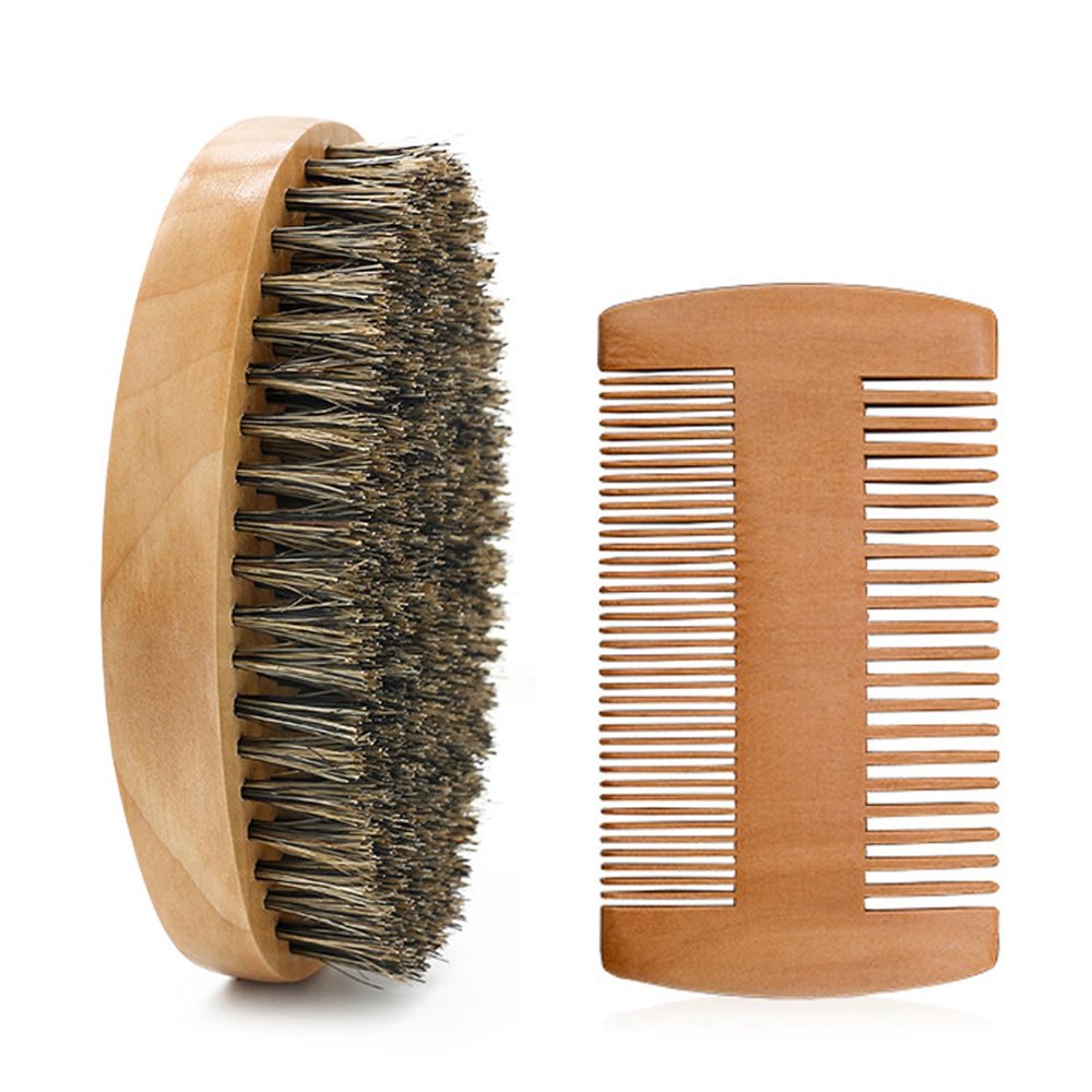 Beard Brush Moustache Comb Set Solid Wood Boar Bristle Beard Brush for Men Ergonomic Facial Hair Grooming Tool for Combing Beard Hair Removing Debris