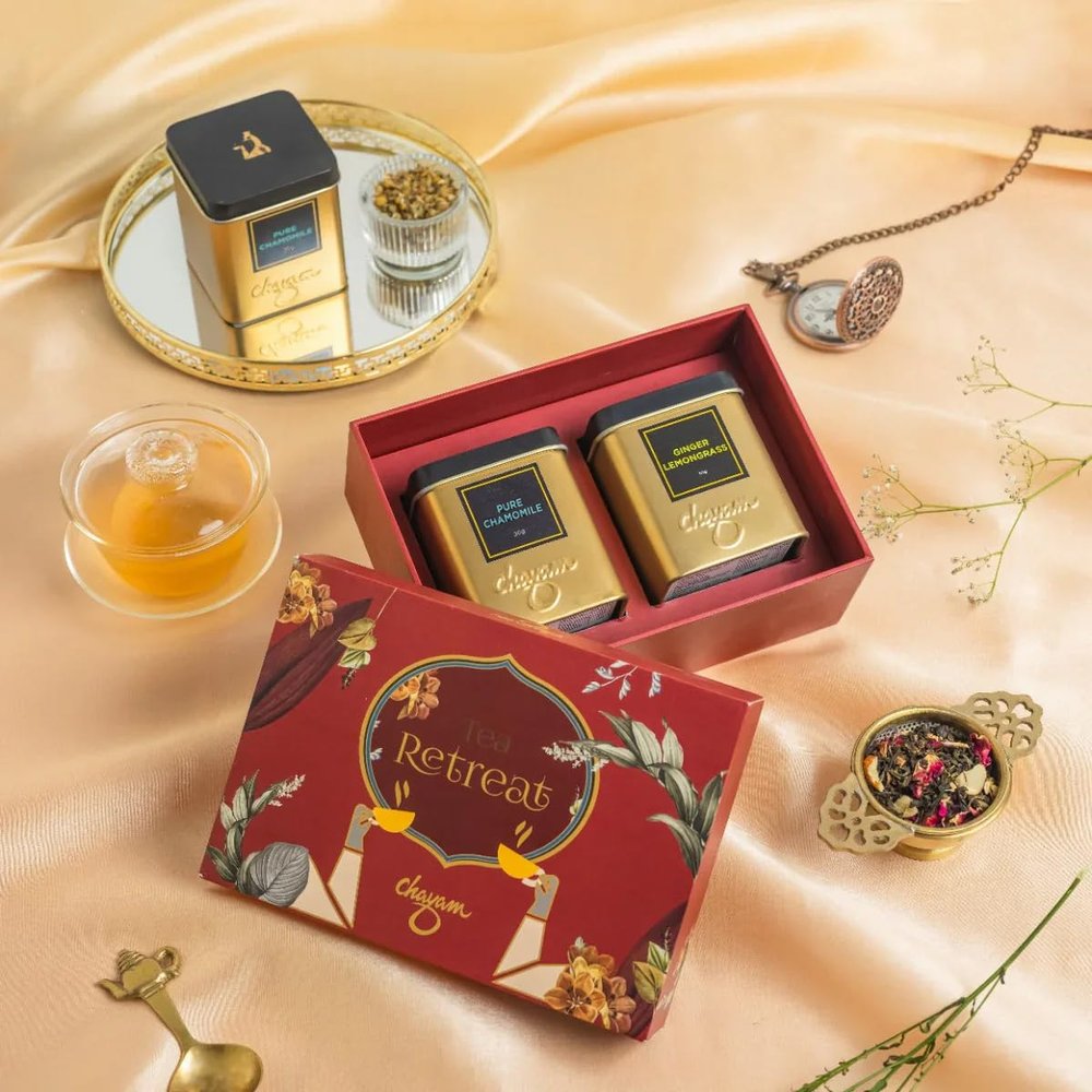 TENLITE Tea Retreat Luxury Set Loose Leaf Herbal Collection in Elegant Box Present for Birthday, Christmas, Anniversary, Mothers Day - (Chamomile Green Tea (30G) + Ginger Lemongrass (50G))