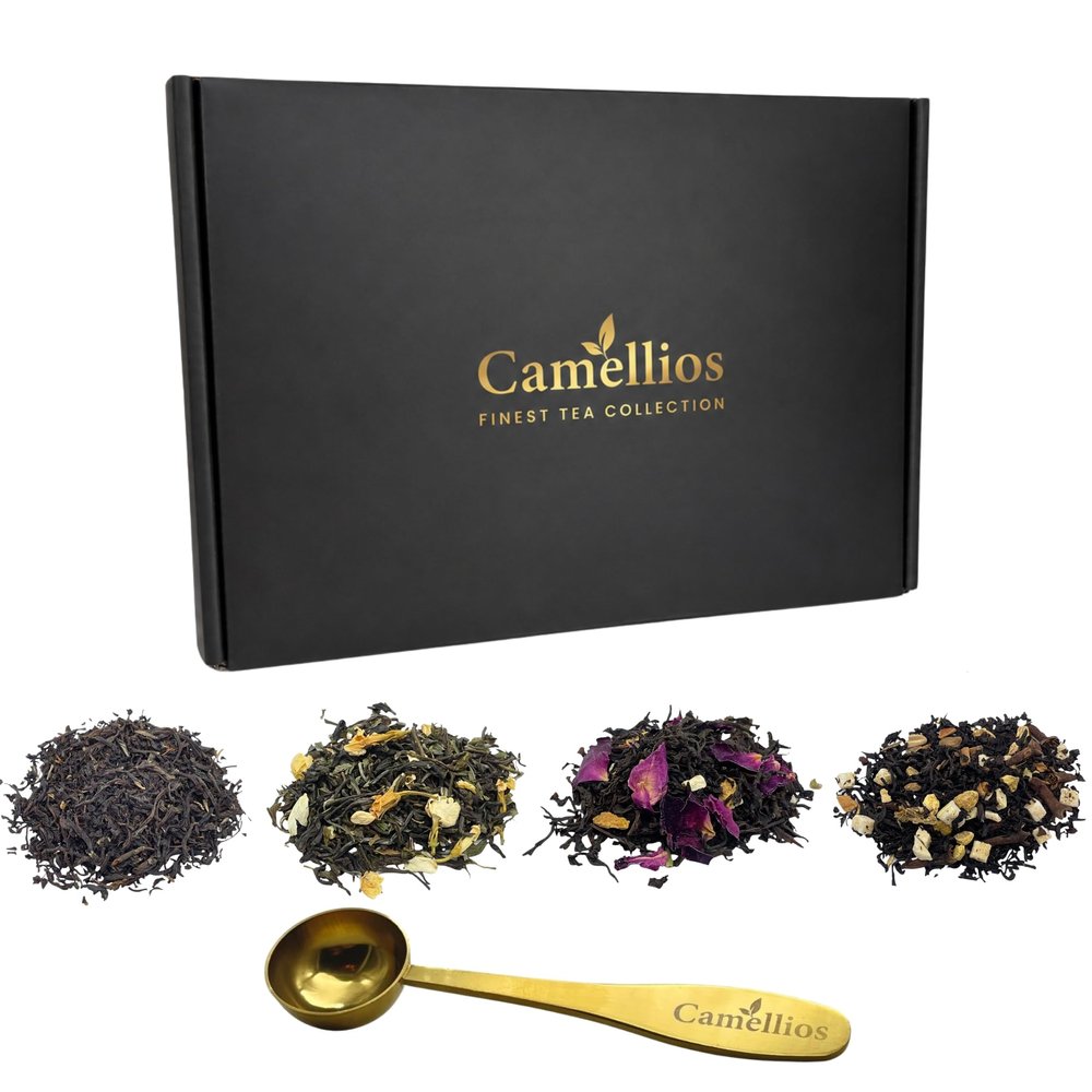 Tea Sampler Gift Set with Spoon, 4 Loose Leaf Teas, Camellios