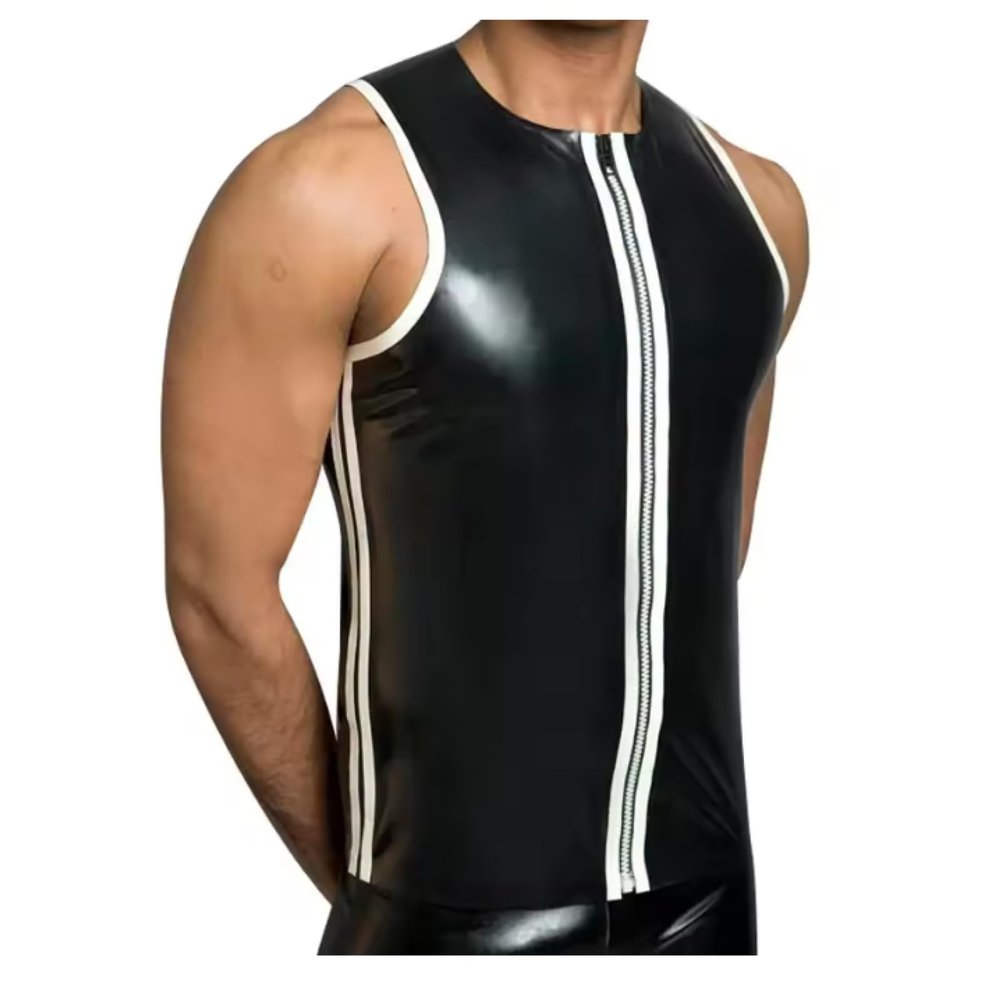 100% Latex Vest Shirts Stripes At Two Sides Sleeveless Rubber Top Mens Cosplay,black,S
