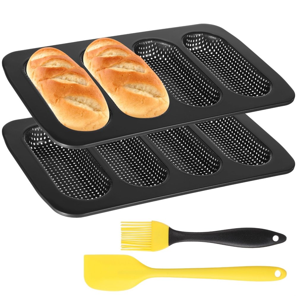 Vestamore 4-Cavity Hot Dog Bun Pan Set, Non-Stick Carbon Steel Bakeware, Silicone Scraper & Oil Brush Included, 13.7 X 8.5 in, Home Baking