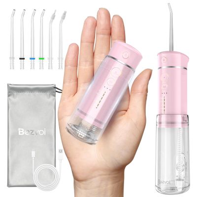 Bezvoi Water Flosser Cordless Travel, Mini Oral Irrigator with Telescopic Water Tank, 5 Modes, 6 Jet Tips, IPX7 Waterproof Electric Portable Water Teeth Cleaner Picks for Braces Bridges Care
