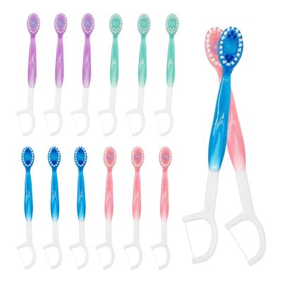 12 Pcs 5-in-1 Disposable Toothbrush, Mini Toothbrush Set with Toothpaste, Tongue Scraper, Floss, Pick, Portable Travel Set for Festival Travel Work Camping