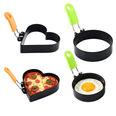 ASFWAGQ Set of 4 Fried Egg Moulds, Stainless Steel Pancake Mould, Fried Egg Mould, Heart-Shaped Omelette Mould, Egg Rings with Folding Handles Silicone, Egg Ring Moulds for Fried Eggs, Sandwiches