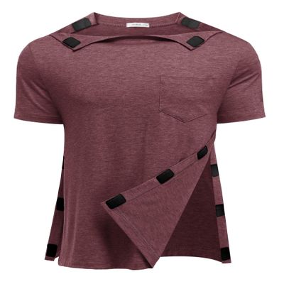 Deyeek Shoulder Surgery Shirts for Men Full Tear Away Short Sleeve T Shirt Adaptive Chemo Clothing with Stick On Fasteners, Red, S