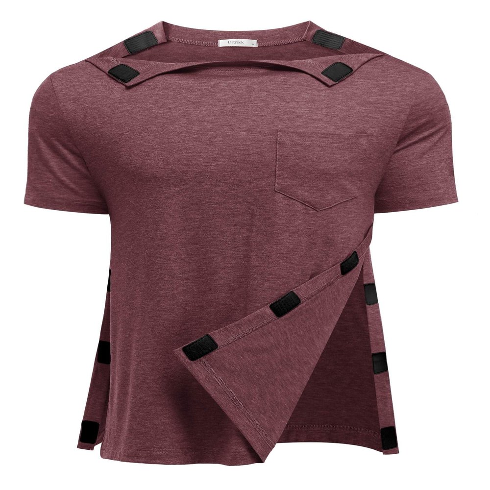 Deyeek Shoulder Surgery Shirts for Men Full Tear Away Short Sleeve T Shirt Adaptive Chemo Clothing with Stick On Fasteners, Red, S