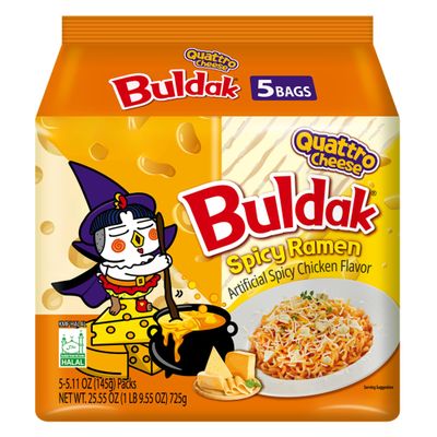 Buldak Quattro Cheese Halal Ramen Noodles Korean Spicy Instant Noodles Multipack, Hot Chicken Flavour 5 x 140g Packs (700g), Buldak Cheese Ramen