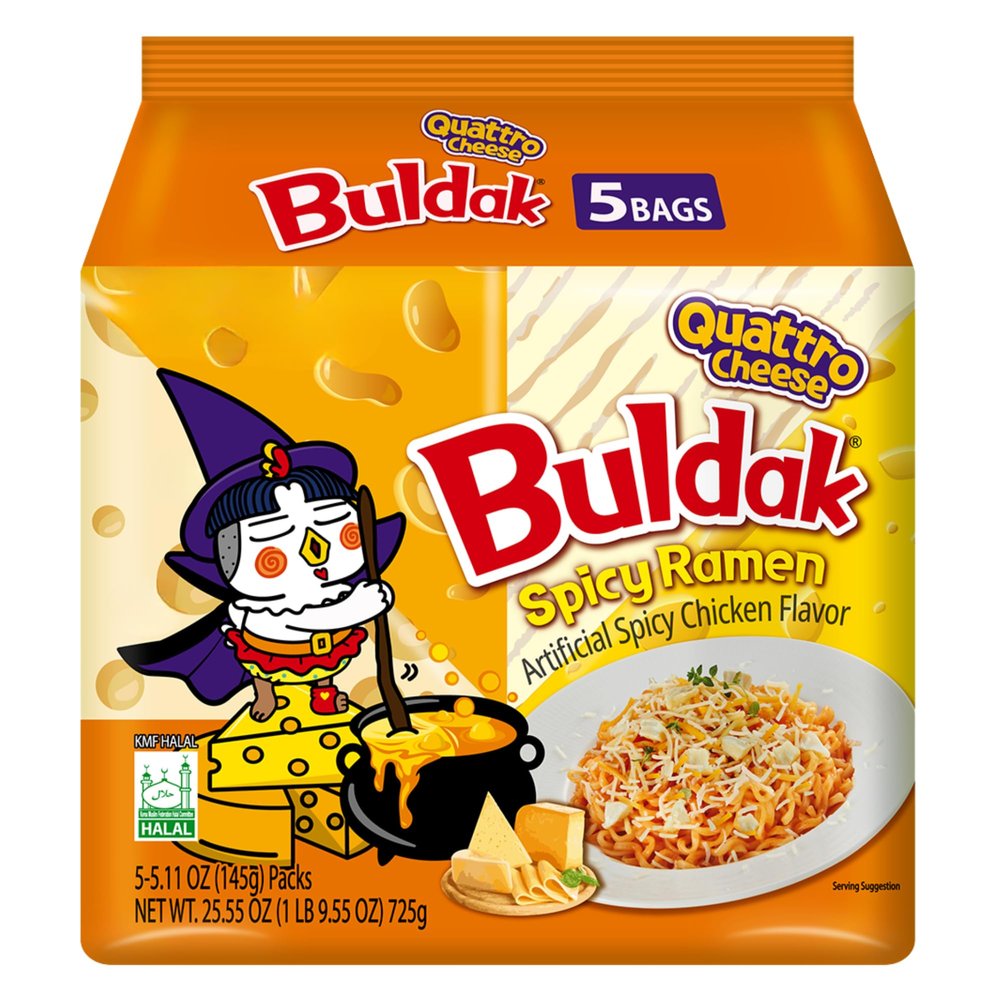 Buldak Quattro Cheese Halal Ramen Noodles Korean Spicy Instant Noodles Multipack, Hot Chicken Flavour 5 x 140g Packs (700g), Buldak Cheese Ramen