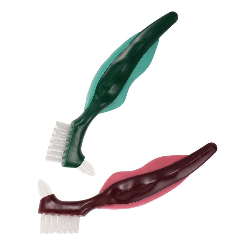 BELLIFFY 2pcs Denture Brush for False Teeth Cleaning with Dualhead Design, Hard Bristle Nylon Brushes, Lightweight Nonslip Ergonomic Handle, for Elderly Daily Home Use