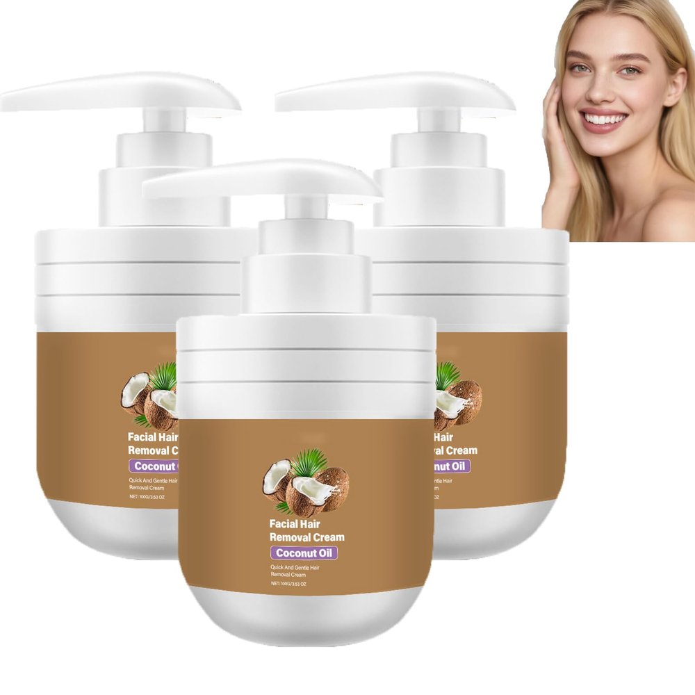 Facial Hair Removal Cream with Coconut Oil, Gentle Painless Depilatory Cream for Removing Upper Lip, Chin and Face Hair, Moisturizing & Soothing, Non-Irritating & Non-Greasy for Smooth Skin (3pcs)