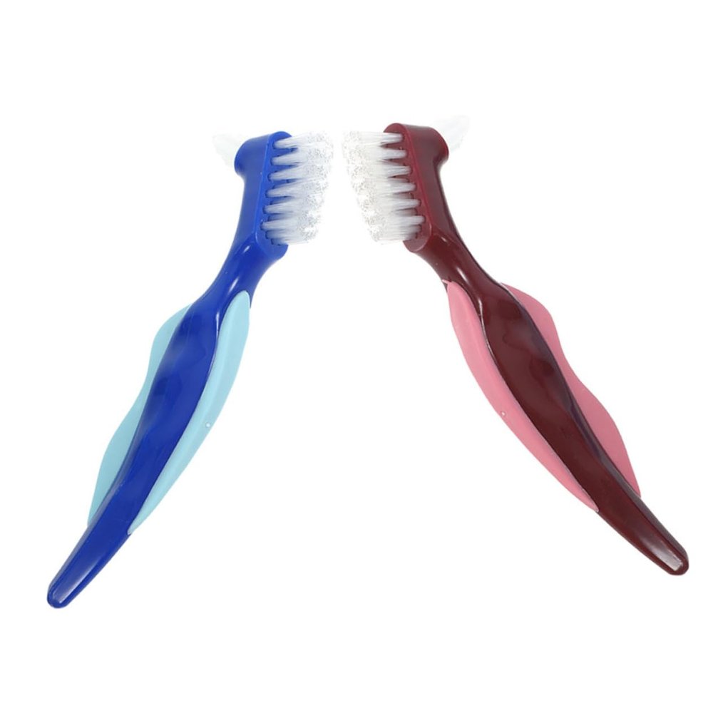 DECOMELODY 2pcs Denture Cleaning Brush Dual Heads Portable Denture Care Brush for False Teeth Travel Use