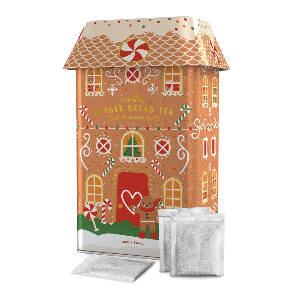 Charbrew Gingerbread 80 Teabags Illustrated House Metal Tea Tin