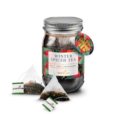 Charbrew Christmas Floral Winter Spiced Tea - 16 Fine Mesh Pyramid Teabags with String & Tag in Reusable Glass Mason Jar | Premium Black Tea Blend with Cinnamon, Orange & Ginger