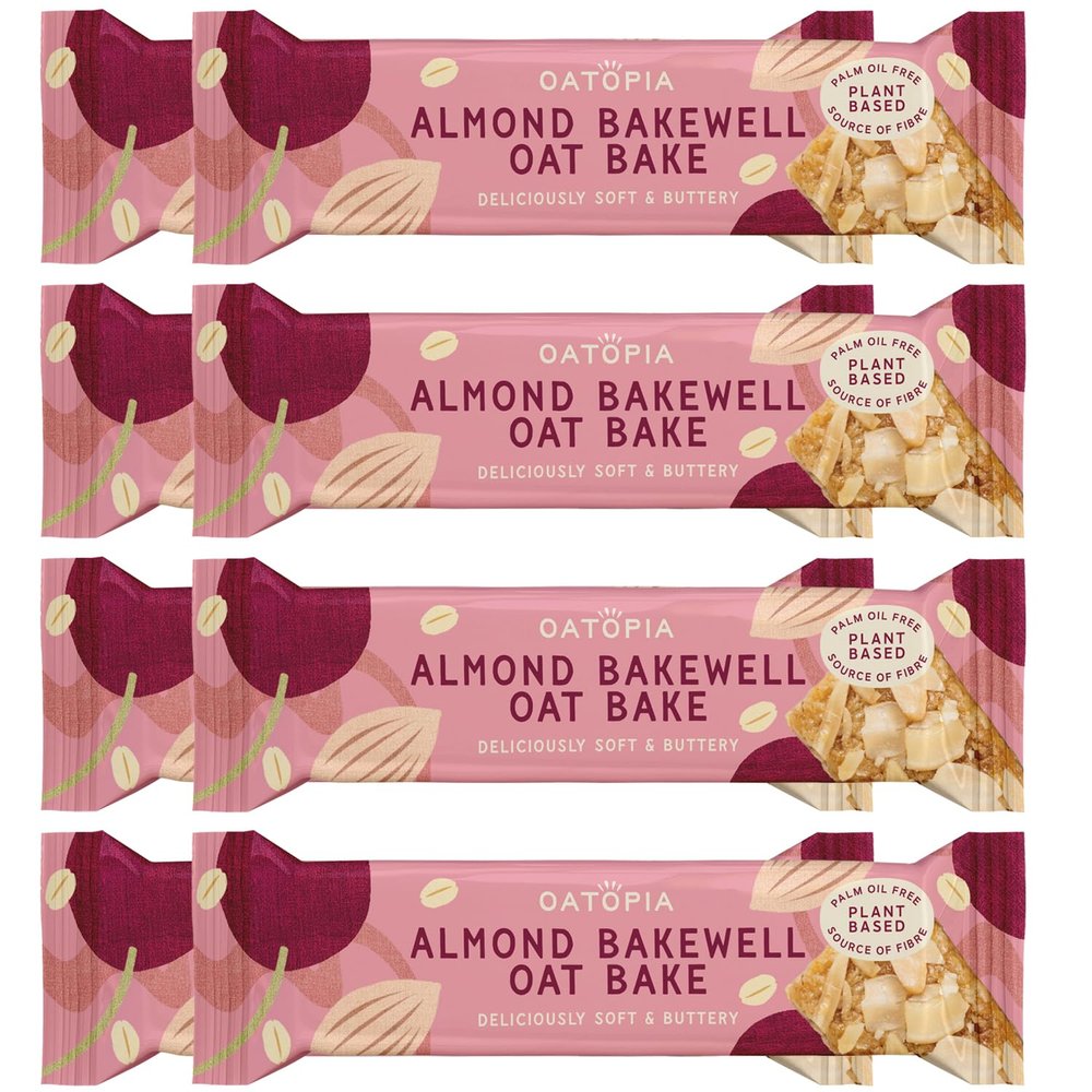 Oatopia Almond Bakewell Flapjack Bars Oat Bake 60g Pack of 8, Snack Bars, Soft Flapjack with Jam & Toasted Almonds, Breakfast Bars & Holiday Essentials