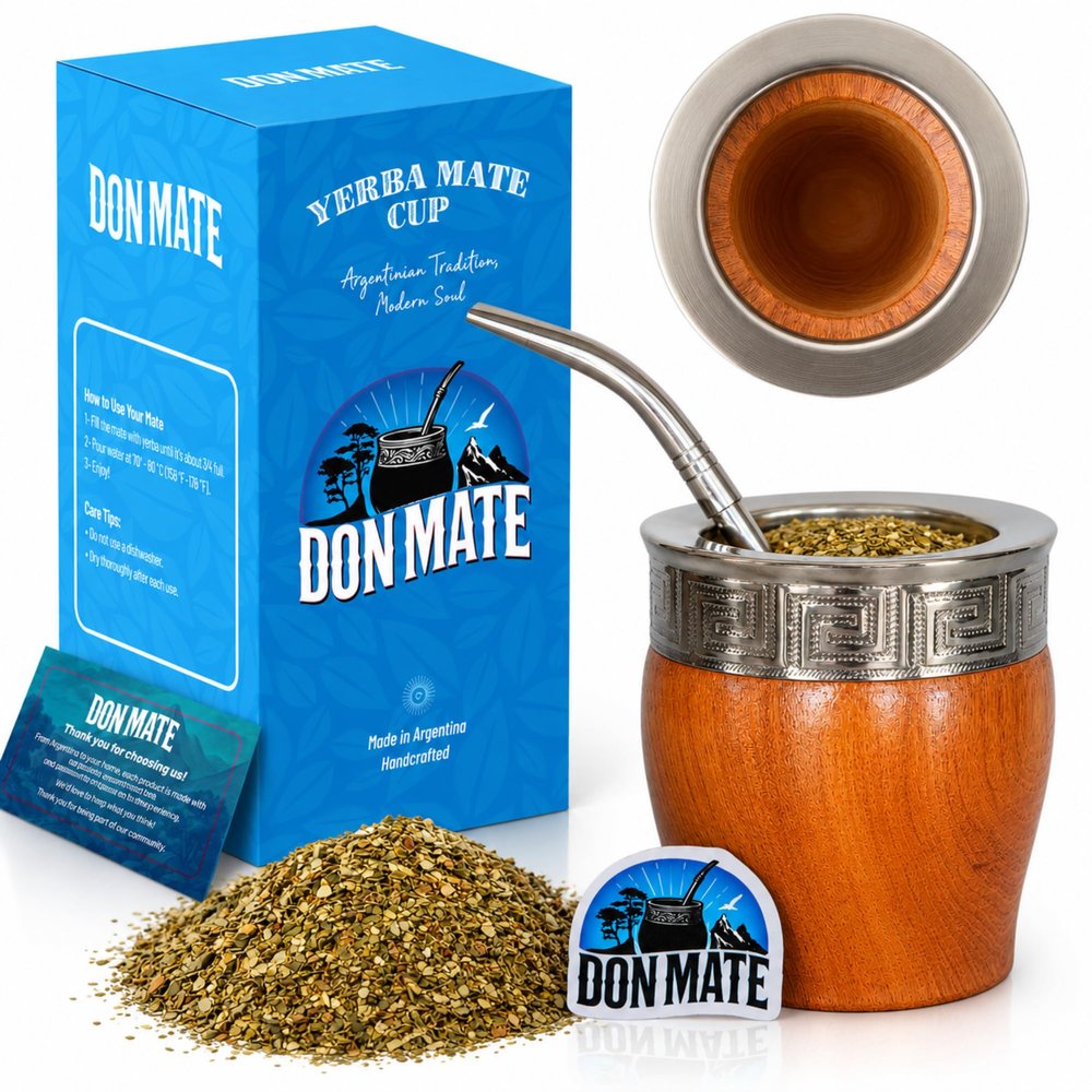 DON MATE Yerba Mate Cup and Bombilla Set Handmade Imperial Mate Algarrobo Yerba Mate Kit with Bombilla Straw Imperial Algarrobo Wooden Mate