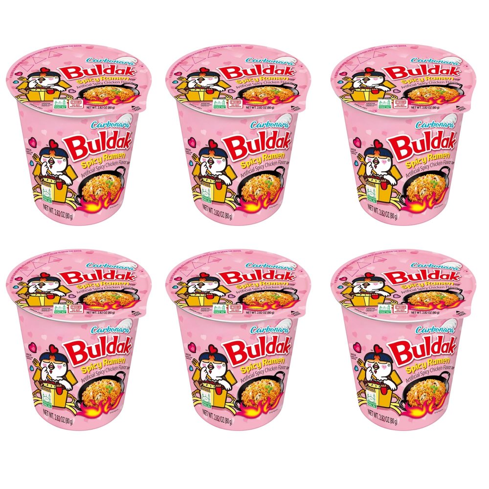 Buldak Noodles Carbonara Cup Korean Spicy Instant Ramen, Halal Hot Chicken Flavour 6 x 80g Packs (480g), Buldak Ramen Carbonara Noodles Multipack
