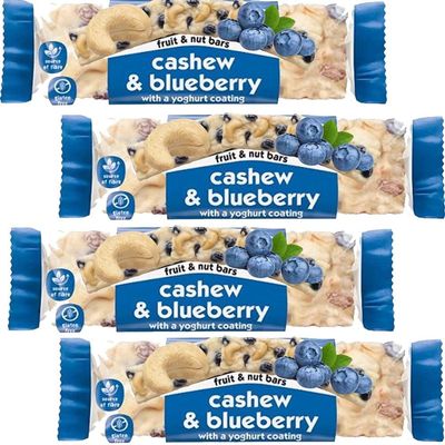 NutriBite Fruit & Nut Bars - 40g Almond & Apricot, Cashew & Blueberry, Dark Chocolate Cranberry Macadamia, Protein Peanuts & Dark Chocolate - Etnl (4 x Bar, Cashew & Blueberry)
