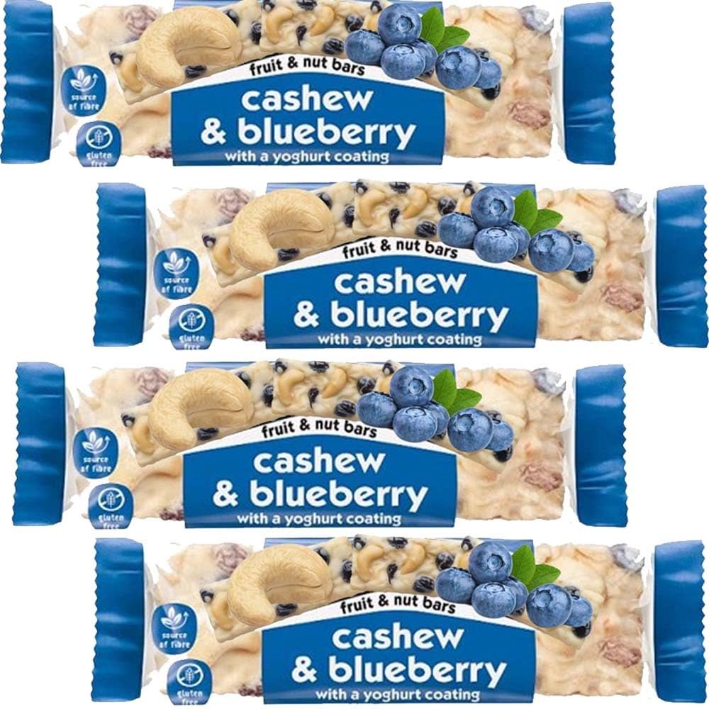 NutriBite Fruit & Nut Bars - 40g Almond & Apricot, Cashew & Blueberry, Dark Chocolate Cranberry Macadamia, Protein Peanuts & Dark Chocolate - Etnl (4 x Bar, Cashew & Blueberry)