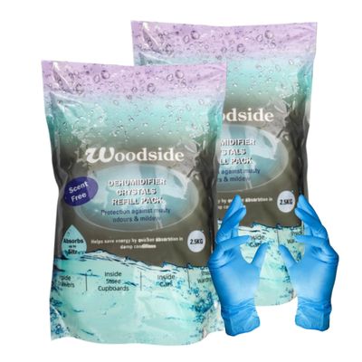 Woodside Dehumidifier Crystals Refill 5KG Pack - Effective Moisture Absorption & Odour Control with Kasabona Safety Gloves