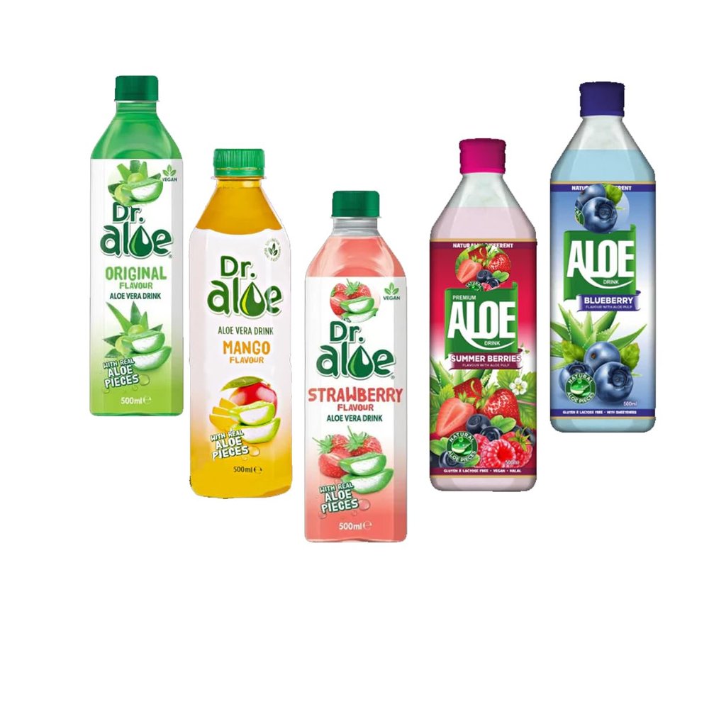Aloe 6 Mixed 500ml Bottles (Strawberry, Mango, Original, Tropical, Blueberry,Summer Berries)