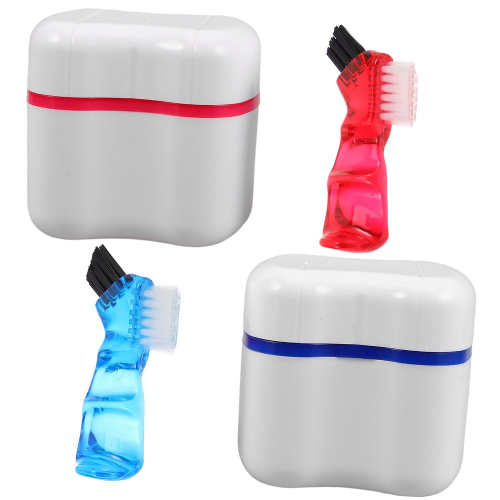 BCOATH Denture Cleaning Kit 2pcs with Retainer Holder and Soaking Box Set, Blue and Red Teeth Storage Case with Cleaning Brush for Travel and Home Oral Care