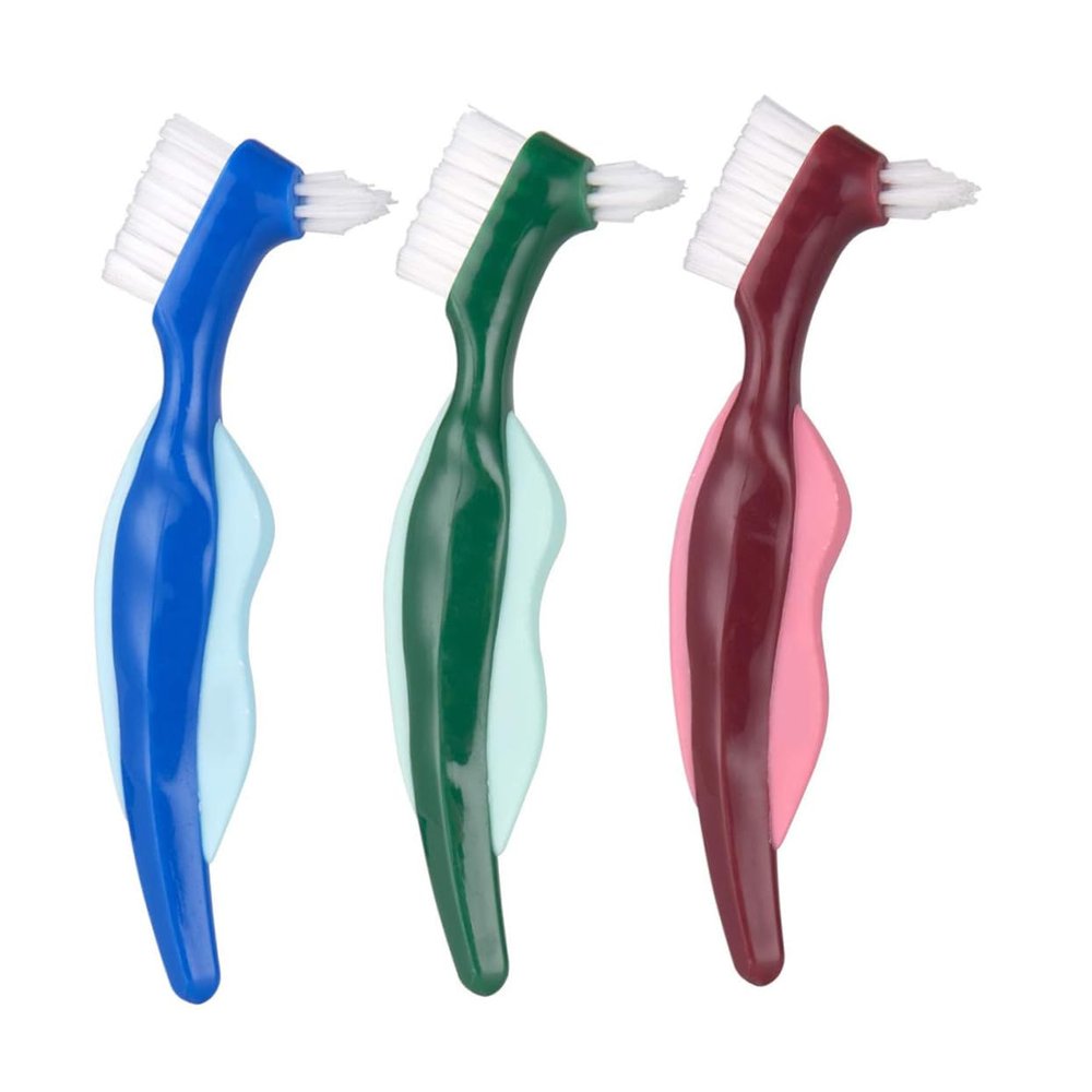 BIUDECO 3pcs Double-Sided Denture Care Toothbrush with Hard Bristles False Teeth Cleaner for Removing Stains and Food Particles Non-Slip Handle for Easy Control Suitable for Thorough