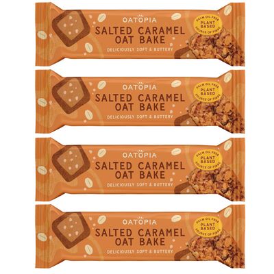Oatopia Salted Caramel Oat Bake 60g Pack of 4, Healthy Snack Bars, Caramel Flapjack with Crunchy Biscotti Crumb, Breakfast Bars & Holiday Essentials