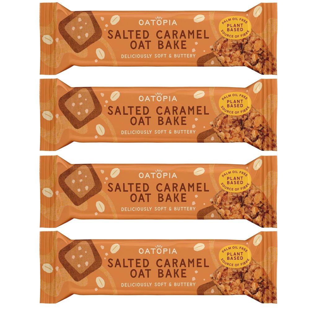 Oatopia Salted Caramel Oat Bake 60g Pack of 4, Healthy Snack Bars, Caramel Flapjack with Crunchy Biscotti Crumb, Breakfast Bars & Holiday Essentials