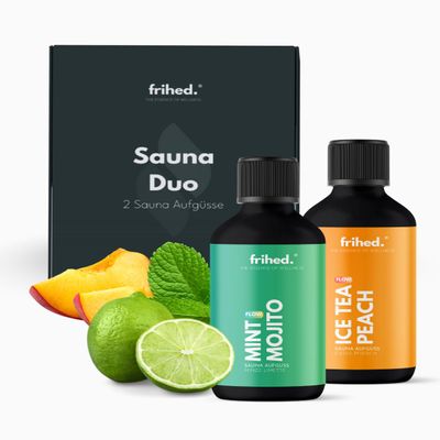 frihed. Sauna Infusion Duo Party - Highly Concentrated Mint & Lime + Ice Tea Peach Sauna Oil - Gift Set for Sauna Lovers - 100 ml Glass Bottles - Made in Lneburg