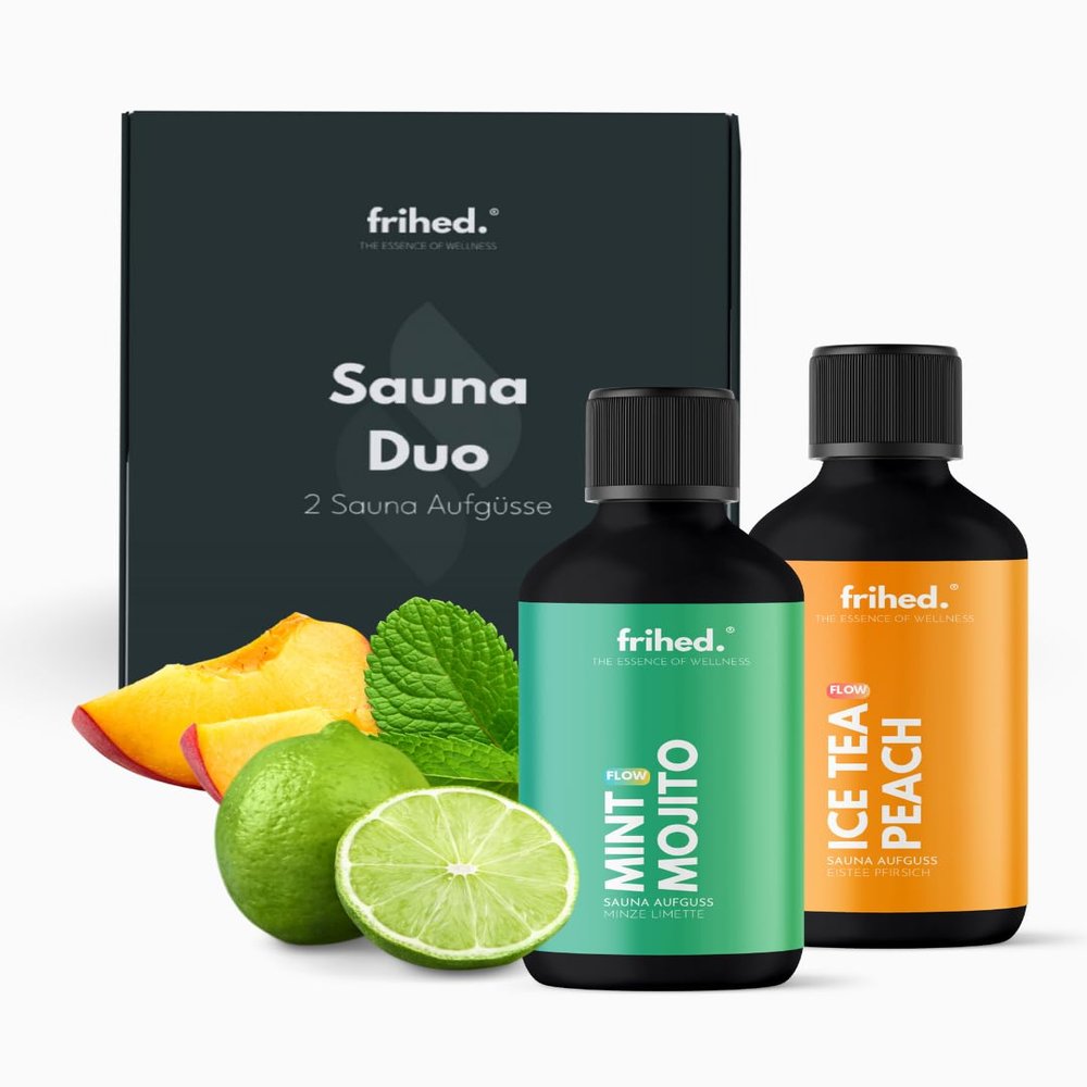 frihed. Sauna Infusion Duo Party - Highly Concentrated Mint & Lime + Ice Tea Peach Sauna Oil - Gift Set for Sauna Lovers - 100 ml Glass Bottles - Made in Lneburg
