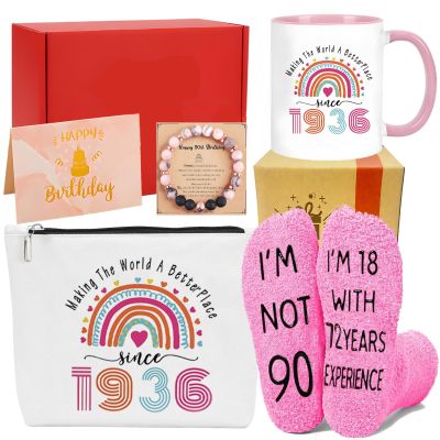 Farmansion 90th Birthday Gifts For Women, 6pcs Gift Set For 90 Year Old Women, 1936 Birthday Gifts with Coffee Mug,Cosmetic Bag,Socks