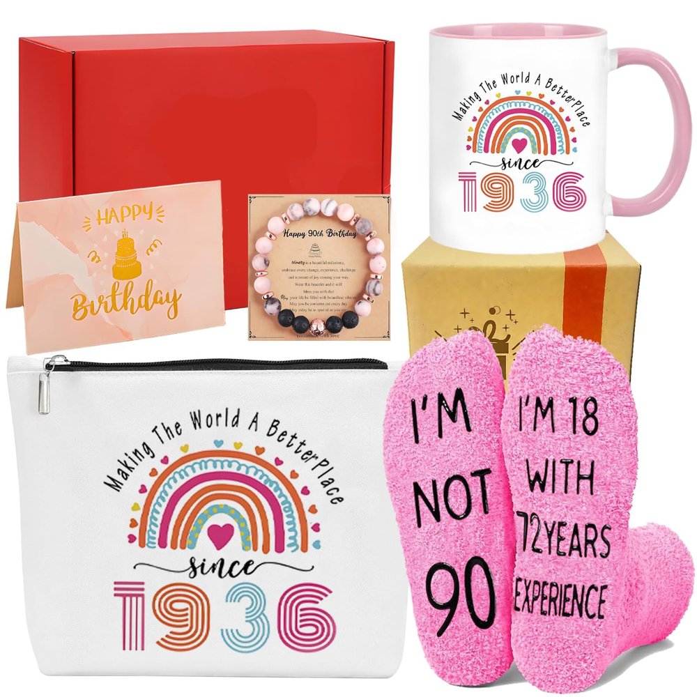 Farmansion 90th Birthday Gifts For Women, 6pcs Gift Set For 90 Year Old Women, 1936 Birthday Gifts with Coffee Mug,Cosmetic Bag,Socks