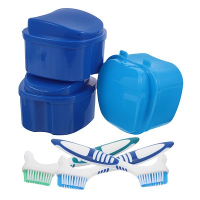 BELLIFFY Denture Soaking Container and Brush Kit 6pcs Set with Lid, Leakproof False Teeth Storage Case for Travel and Daily Cleaning
