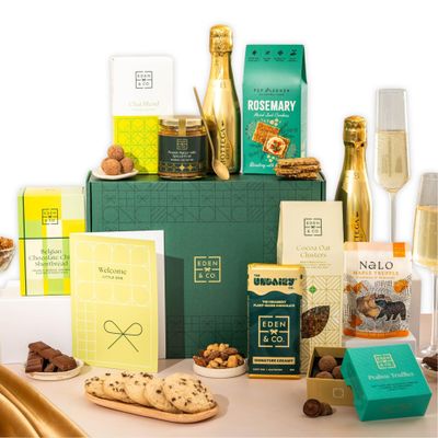 New Baby Hamper for Mum, Luxury Hamper with Truffles & Hot Chocolate Set Plus 1 Prosecco by EDEN & CO