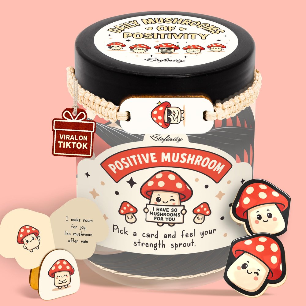 Stofinity Emotional Support Mushroom Gifts For Women - 60 Positive Mushroom Birthday Card, Mothers Day Gifts for Mom, Jar Of Daily Affirmation Cards For Women Desk Accessories