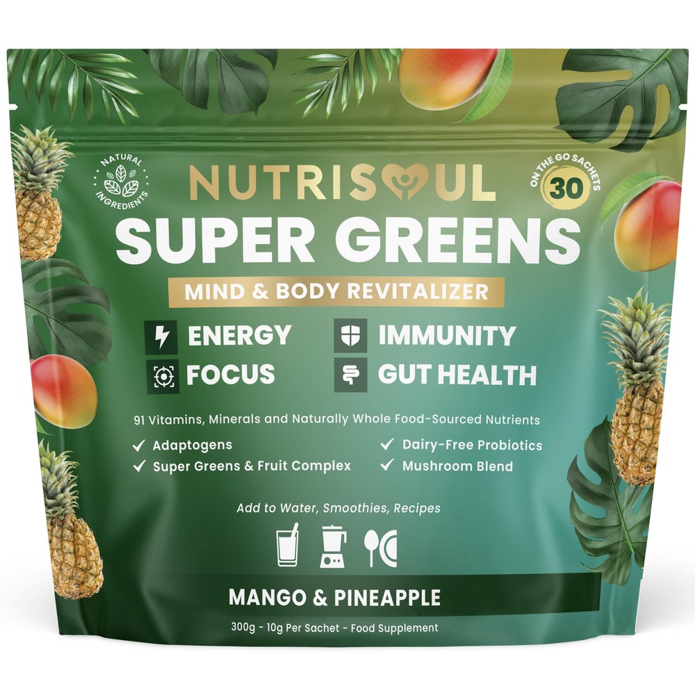 Super Greens Powder | 30 Pack | Enhanced with 91 Nutrients Including Vitamins A, B12, C, KSM-66 Ashwagandha & Lions Mane | Vegan, Gluten Free Detox Supplement | Mango & Pineapple | Natural Ingredients