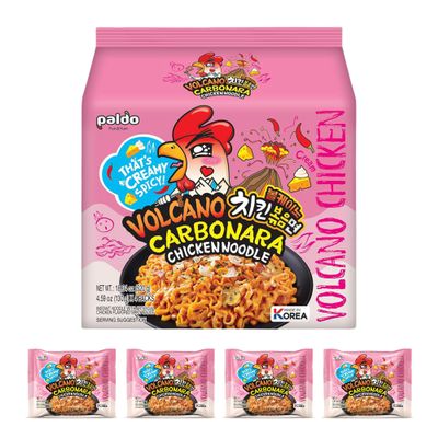 Paldo Volcano Carbonara Chicken Noodles 130g x 4 Packets (Bag of 1) Bold Fusion of Creamy Carbonara & Fiery Spice | Vegetarian Friendly Korean Ramen