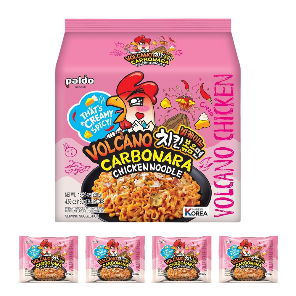 Paldo Volcano Carbonara Chicken Noodles 130g x 4 Packets (Bag of 1) Bold Fusion of Creamy Carbonara & Fiery Spice | Vegetarian Friendly Korean Ramen