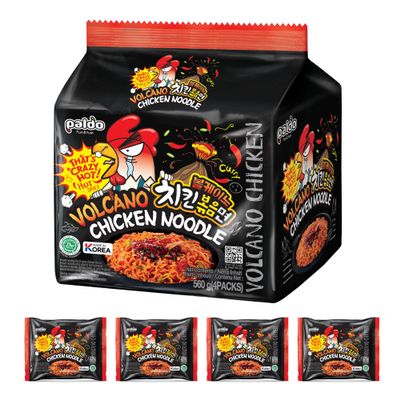 Paldo Volcano Chicken Noodle 140g x 4 Individual Bags (Bag of 1) Extreme Spicy Instant Korean Ramen Noodles | Halal Certified