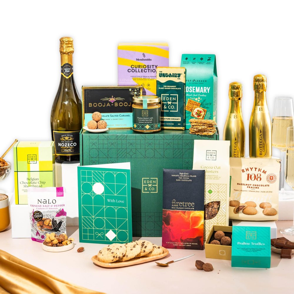 Vegan Hamper with Truffles & Hot Chocolate Set, Perfect Family Hamper for Sharing, Thinking of You Gift Hamper for Her by EDEN & CO - Plus 2 Prosecco