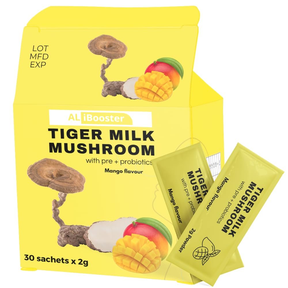 Lignosus Tiger Milk Mushroom Mango Flavour Natural Instant Powder made from Yoghurt and Mushrooms 30 Sachets Ideal for Drinks, Smoothies & Desserts
